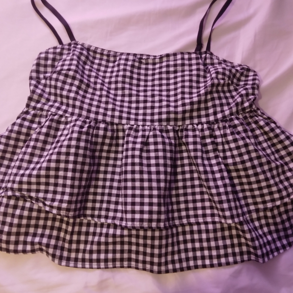 BLACK AND WHITE PLAID RUFFLED PEPLUM CAMI TOP